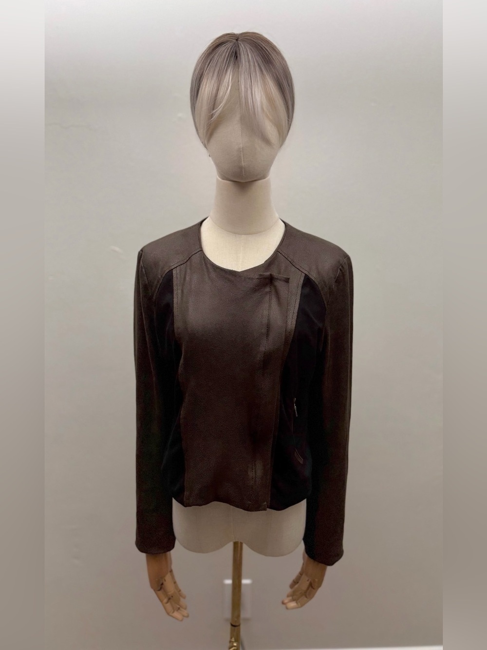 Karen Kane Faux Leather Jacket Brown Black Colorblock Asymmetrical Zip M